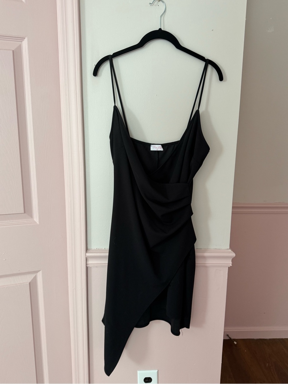 Pink Lily Black Draped Asymmetric Mini Slip Dress